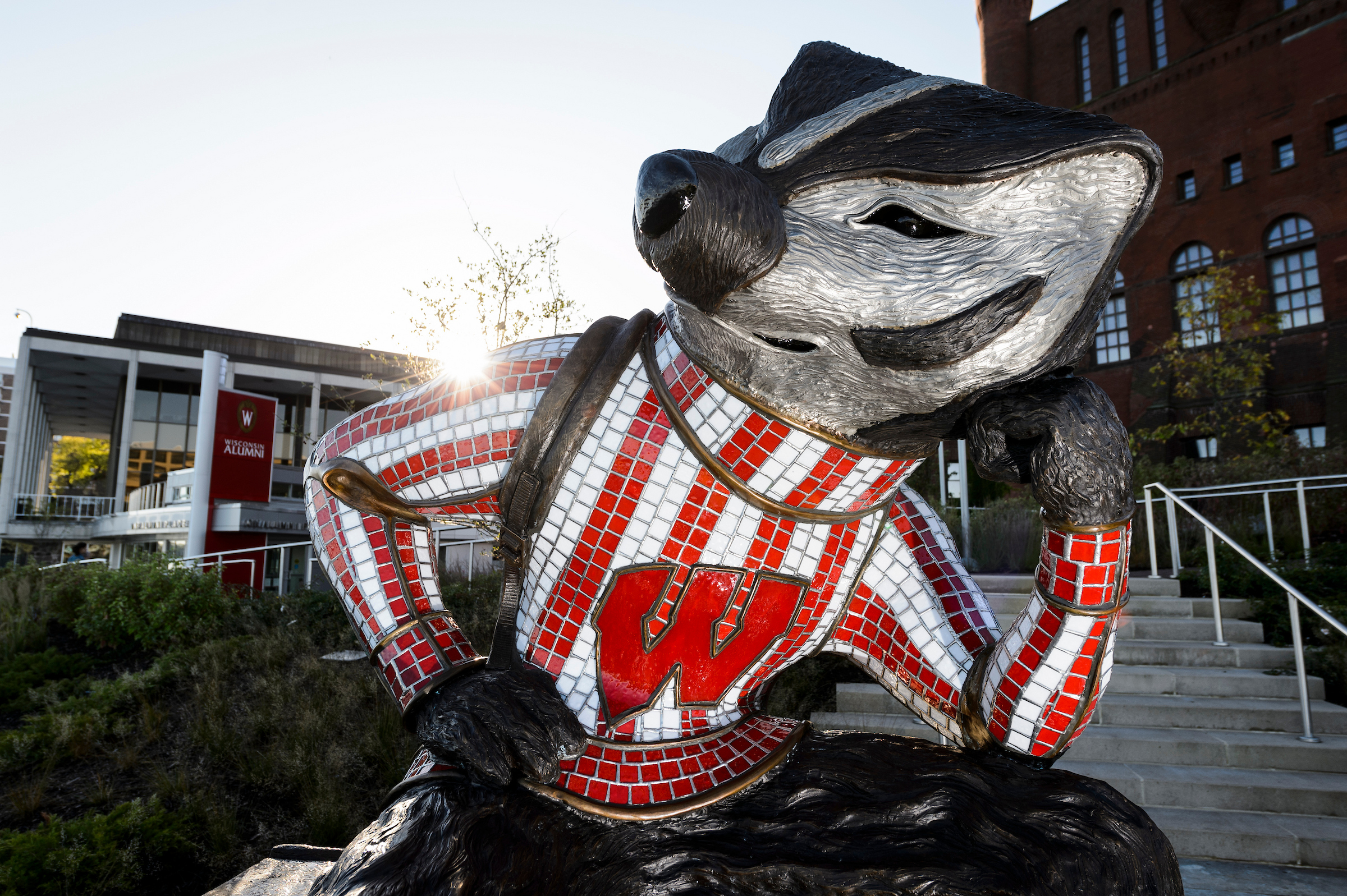 A picture of the Bucky the Badger statue in front of the Red Gym.